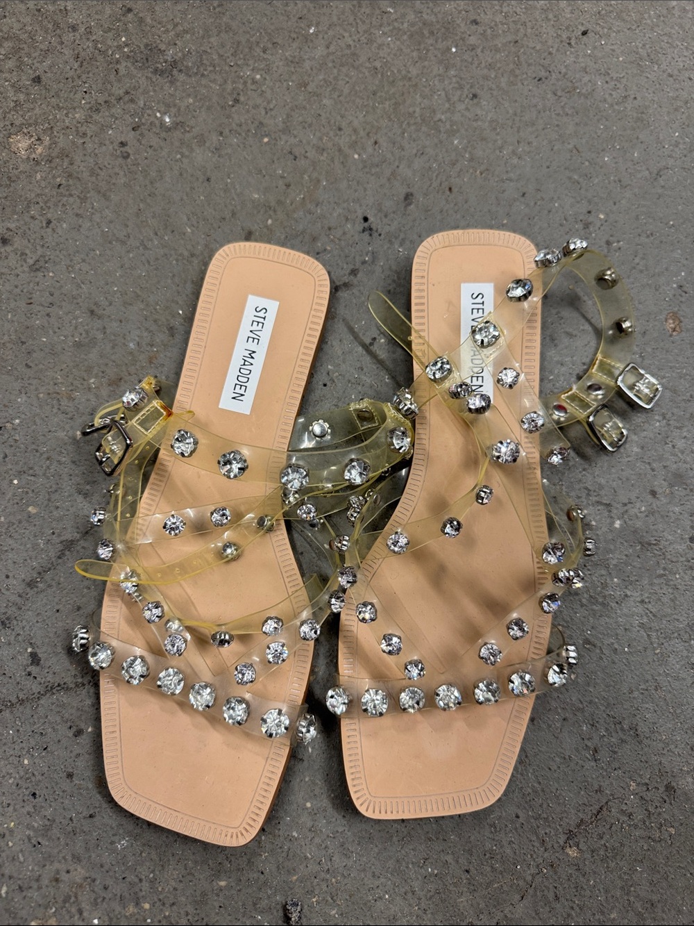 Steve Madden Nude Clear Crystal Strap Slide Sandals